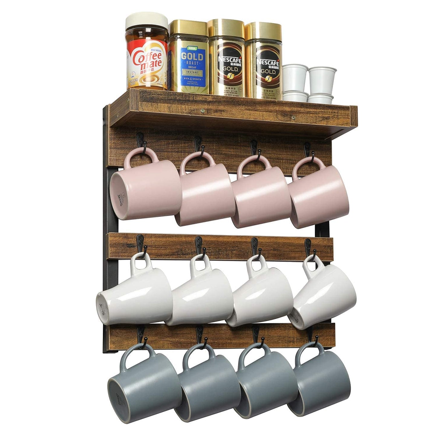 OROPY Coffee Mug Rack Wall Mounted, Rustic Wood Cups Rack, 12 Hooks & Shelf
