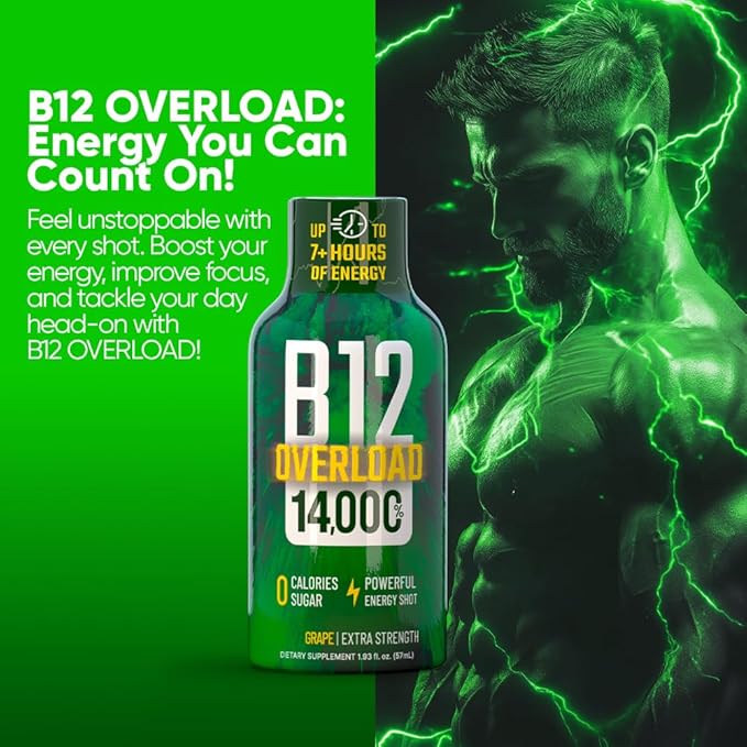 B12 Overload Extra Strength Energy Shot ??Grape ??260mg Caffeine, 14000% B12, Electrolytes ??Energy & Vitality Support ??Zero Sugar No Calories ??Vegan, Kosher, Gluten-Free ??1.93 fl oz, 8-Pack