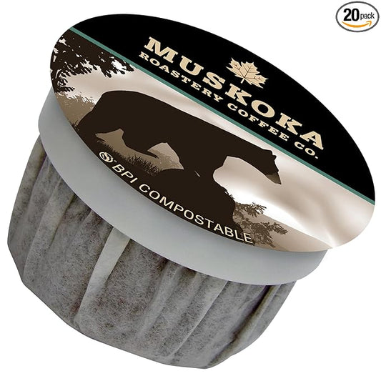 Muskoka Roastery Coffee, Black Bear, Decaf Dark Roast, 20 Single Serve Coffee Pods, Compatible with K-Cup Keurig Brewers