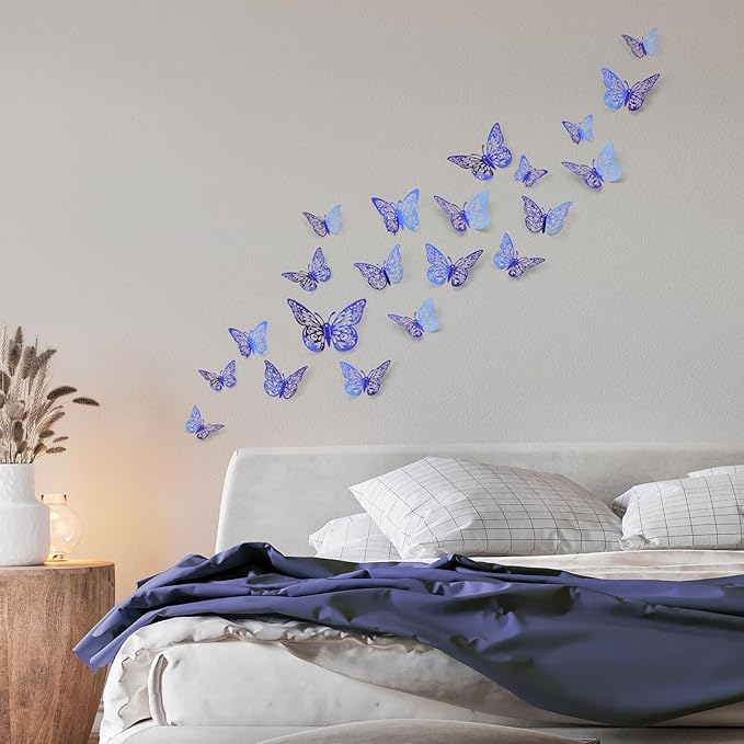 72 Pcs Butterfly Decorations - 3 Sizes, 3 Styles, 3D Wall Decor, Party & Birthday Decor, Blue