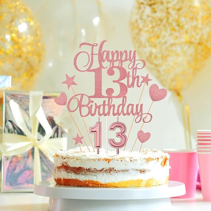 13th Birthday Cake Decorations Set Include Digital Candles 1&3 Numeral 13 Cake Candles and Happy 13th Birthday Cake Toppers with Heart Star Cupcake Picks for Birthday Party Supplies (Rose Gold Series)