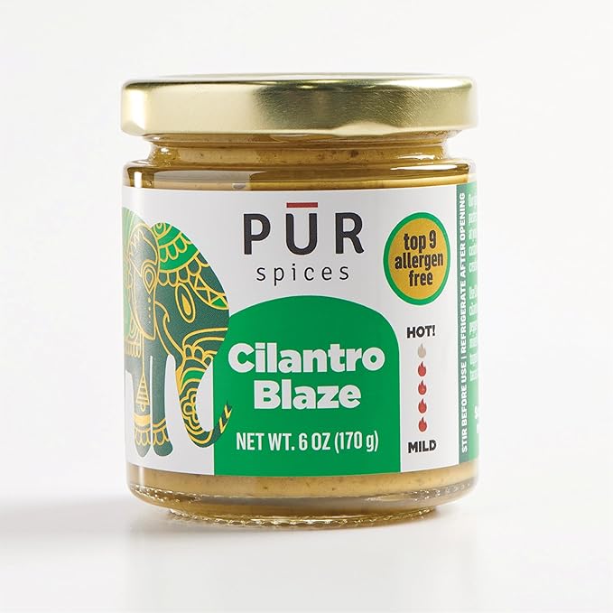 PUR Spices Cilantro Blaze I Hot Sauce & Tangy Cilantro Chutney I Fresh Cilantro, Garlic, Lime and Hot Peppers I Plant Based, Gluten Free, No Sugar Added, Preservative and Additive Free I 6oz Jar