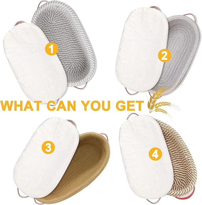 10 Inch Oval Cotton Rope Banneton Bread Proofing Basket Banneton Basket Set of 4 Sourdough Bread Baking Supplies with Liner & Cover