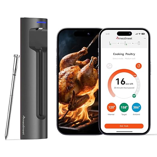 S Pro Bluetooth Wireless Meat Thermometer, 1080°F Heat, 6 Sensors, Enhanced Signal Base, EasySmart App, IP69 Waterproof, Ultra-Thin Probe, Digital Cooking Thermometer, Oven/Grill/BBQ/Air Fryer/Kitchen