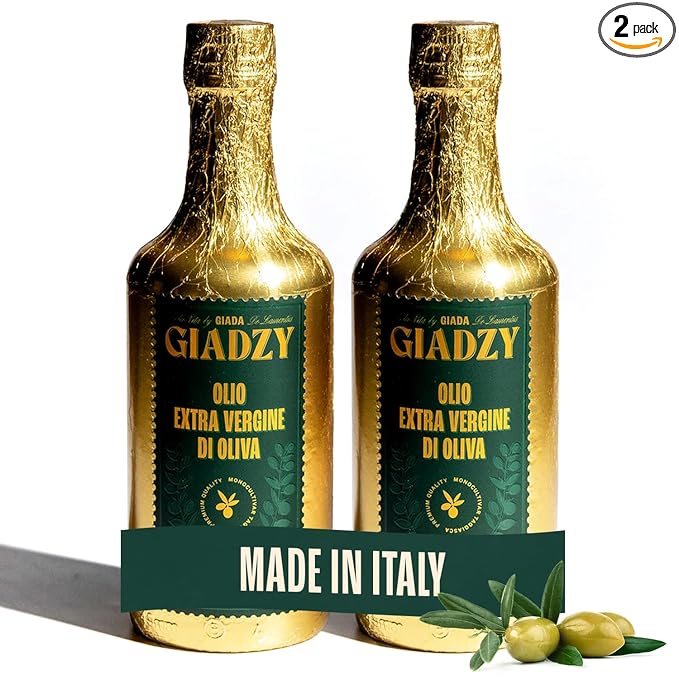 Giadzy by Giada de Laurentiis 2 Pack Olive Oil Extra Virgin - Premium Unfiltered Cold-Pressed Italian Olive Oil, Gold Wrap, Made in Italy, Perfect for Cooking & Gifting. Rich in polyphenols & antioxidants.