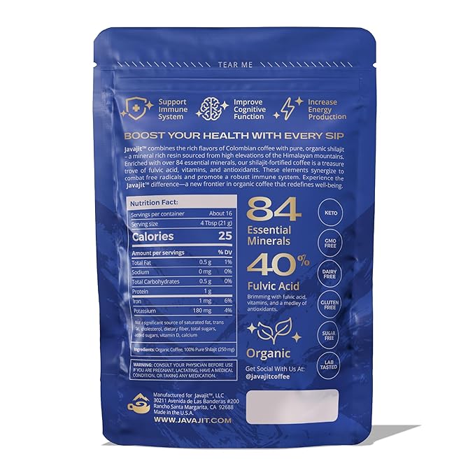 Colombian Coffee with Shilajit ??Medium Roast Organic Ground Coffee, Energy & Immunity Boost, 250mg Himalayan Shilajit per Serving, 16 Servings