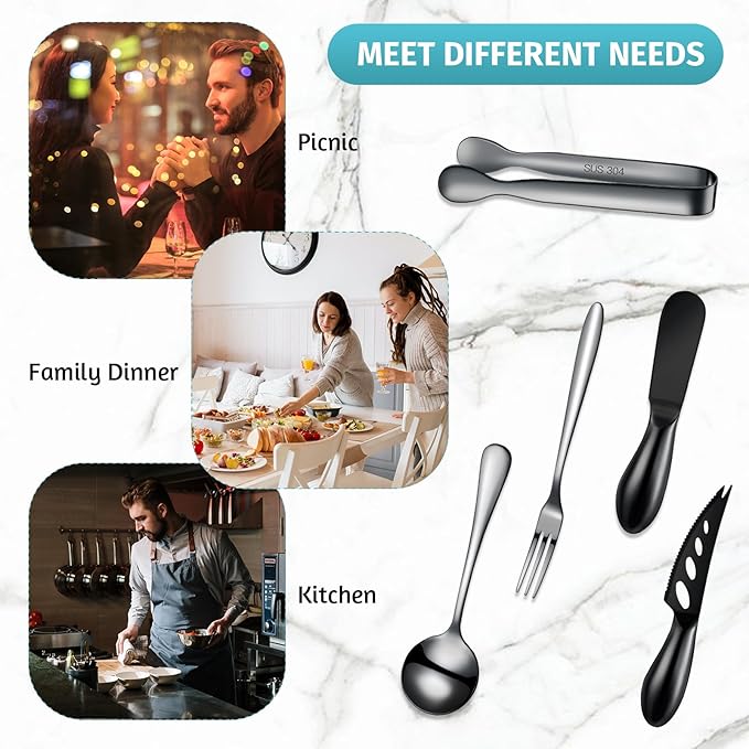 Patelai Charcuterie Board Accessories Cheese Spreader Knife Set Charcuterie Utensils Butter Knife Stainless Steel Mini Serving Tongs Spoons Appetizer Forks for Pastry Christmas(Black,18 Pieces)