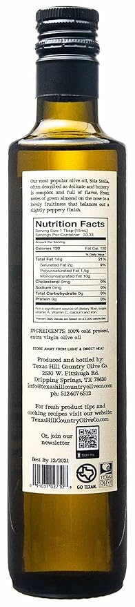 Sola Stella Extra Virgin Olive Oil - Cold Pressed Gourmet EVOO Olive Oil - Uniquely Smooth & Buttery - Perfect for Cooking Baking & Finishing - Award Winning & Made in Texas (16.9 oz, 2 Pack)