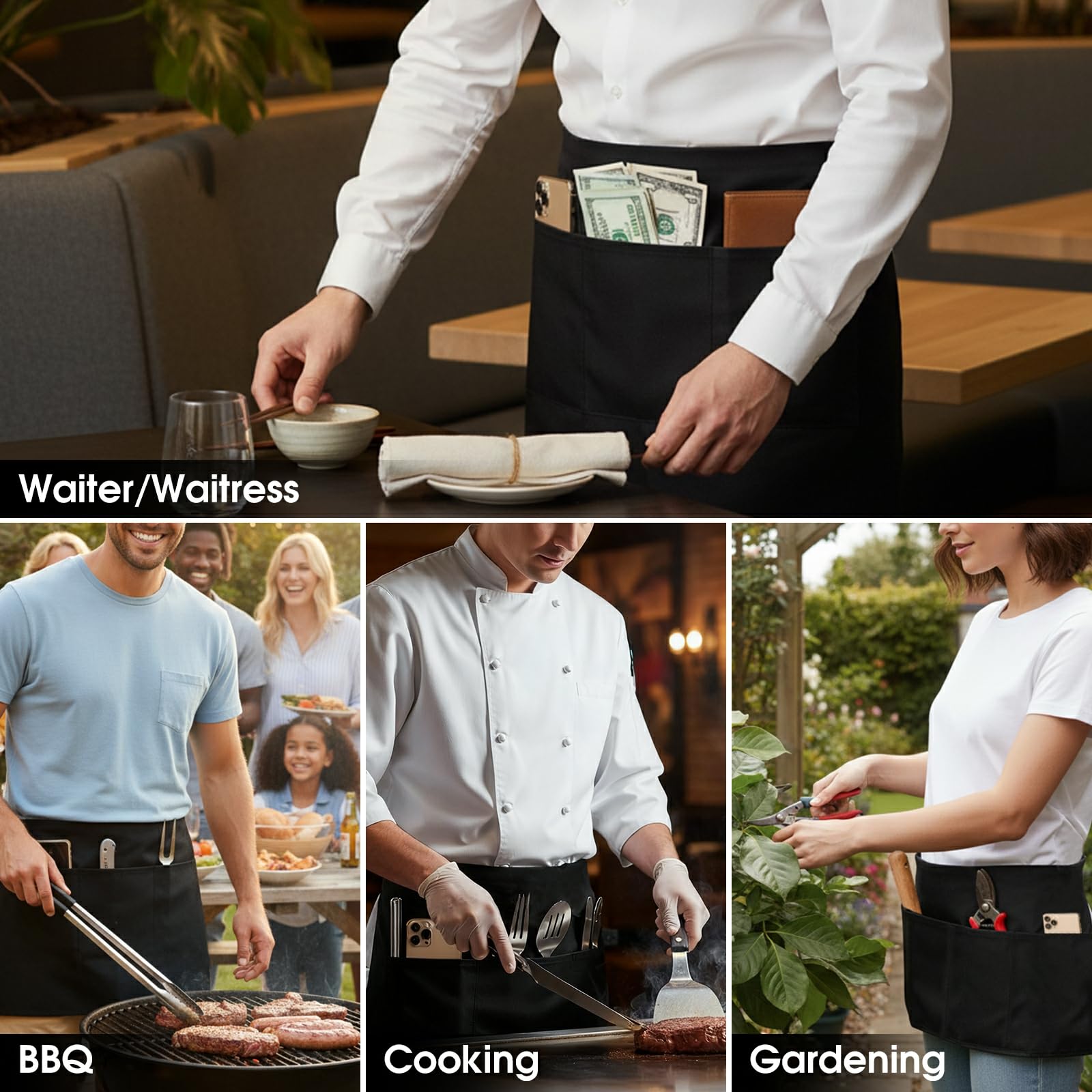 BOHARERS Waist Apron with 3 Pockets - Black Waitress Waiter Server Short Aprons