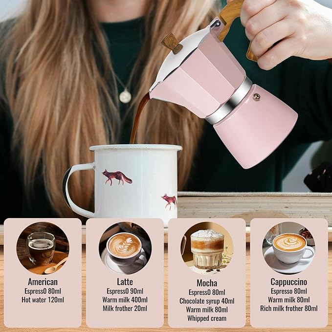 3 Cup Aluminum Moka Pot Classic Stovetop Espresso Coffee Maker 150ml 5oz Coffeemaker Percolator Mocha Pot Greca Coffee Maker Cafe Makers for Italian and Cuban Cafì±?Brewing Pink