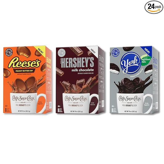 Candy Shop Cocoa Mix Variety Pack, Hot Chocolate, HERSHEY'S Milk Chocolate, REESE?™S Peanut Butter Cup, YORK Peppermint Pattie, Make Hot or Iced, Made With Real Milk, 8 Packets Each (Pack of 24)