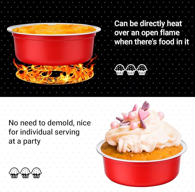 Beasea Disposable Baking Cups With Lids, 50 Pack 8.8oz 260ml Aluminum Foil Ramekins 4 Inch Round Baking Mini Cupcake Oven Cups for Party - Red