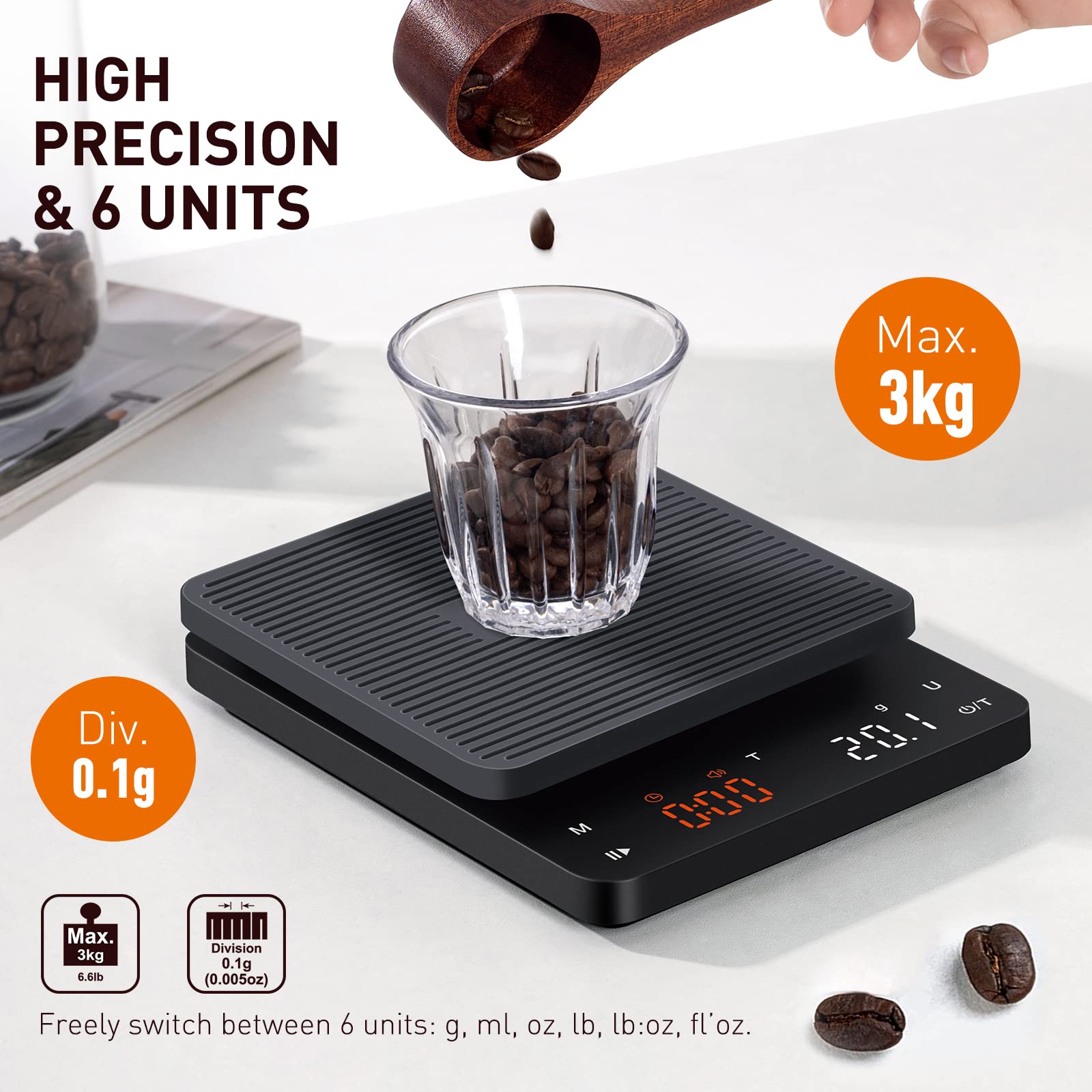 BAGAIL Coffee Scale with Timer, 0.1g/3kg Precision