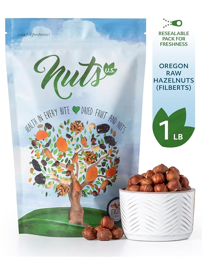NUTS U.S. - Oregon Hazelnuts (Filberts) | Raw and Unsalted | Steam Pasteurized and NON-GMO | No Shell - Just Kernels | JUMBO SIZE | Packed in Resealable Bags!!! (1 LB)