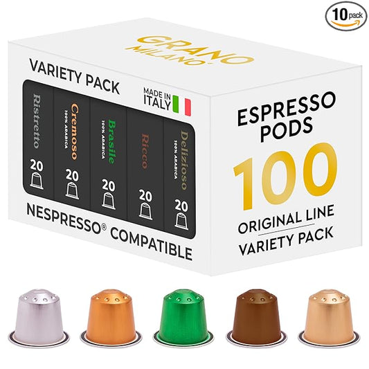 Grano Milano Variety Pack Coffee Capsules - 100 Aluminum Coffee Pods Compatible With Nespresso Original Line, Medium And Dark Roast, Made In Italy