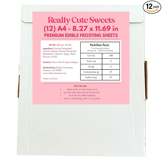 A4 Edible Frosting Sheets for Edible Printers by Really Cute Sweets - 12-Pack Premium Sugar Paper for Cake, Cookies, and Photo Decoration - White Edible Icing Sheets 8.3 x 11.7"