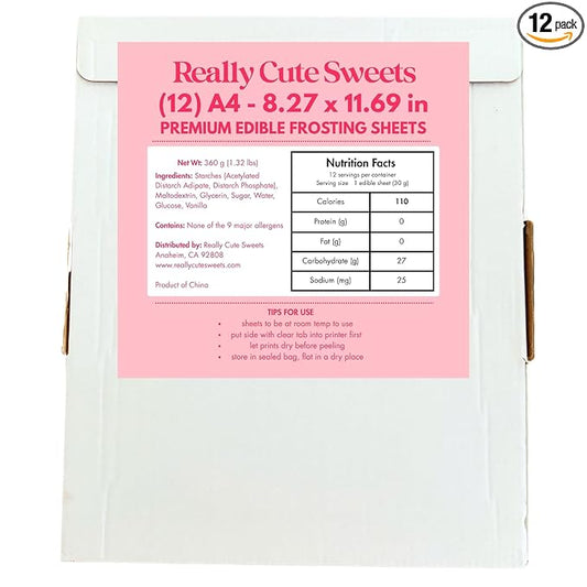 A4 Edible Frosting Sheets for Edible Printers by Really Cute Sweets - 12-Pack Premium Sugar Paper for Cake, Cookies, and Photo Decoration - White Edible Icing Sheets 8.3 x 11.7"