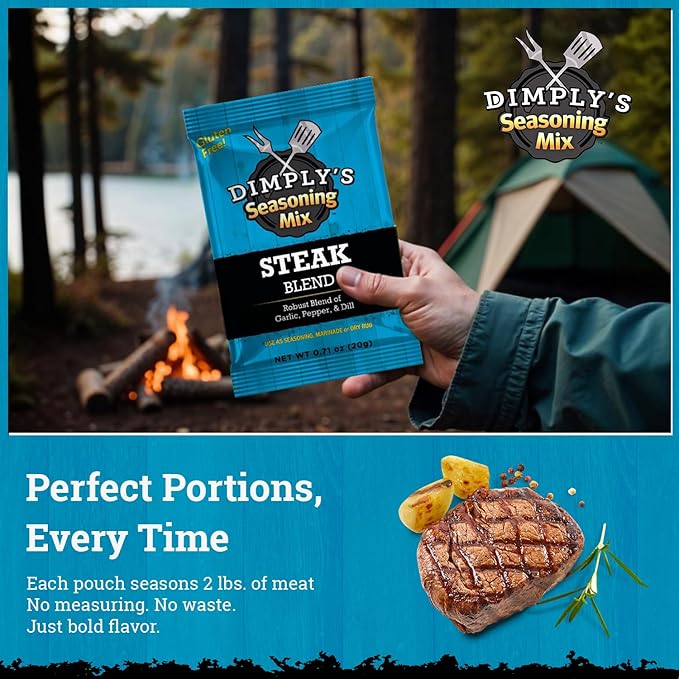 Dimply's Steak Seasoning Mix ??12 Pack, Single Serve Dry Rub and Marinade ??Garlic Pepper Dill Blend for Meat, Chicken, Tofu, and Vegetables ??Vegan, Gluten Free, No MSG, Preservative Free