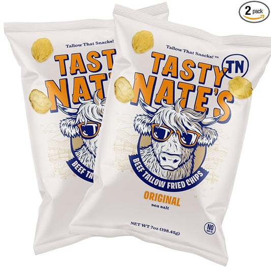 Tasty Nate???Beef Tallow Potato Chips - Original Sea Salt, Fried in 100% Beef Tallow - Seed Oil Free Chips, Paleo Snacks for Adults, 7oz Bag - Pack of 2