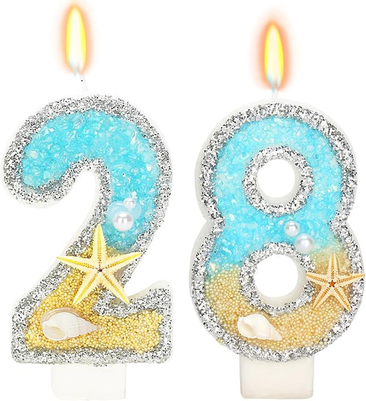 Birthday Candle for Cake, Beach Starfish Sequins Candles, 2.76 inch Cake Topper Decoration for Birthday Party (Number 28)