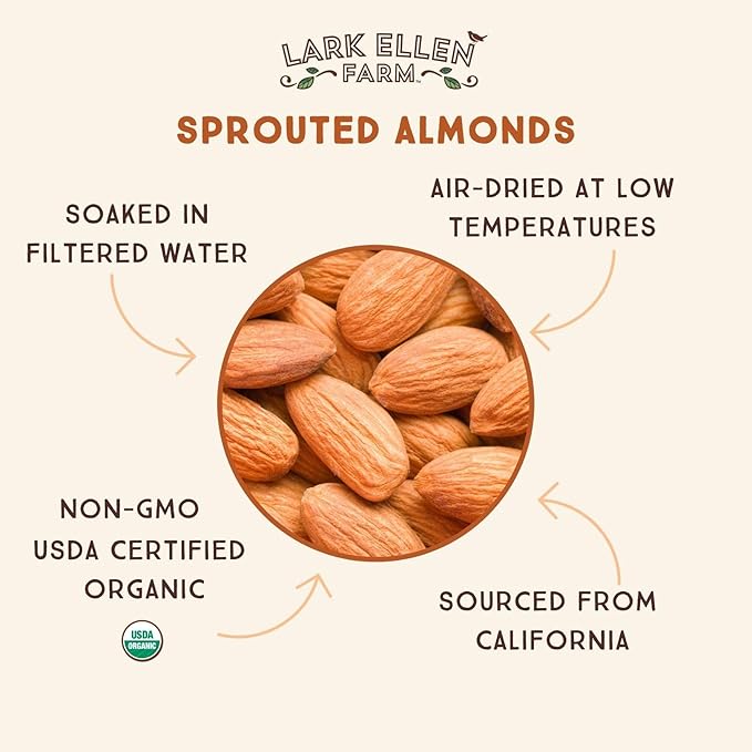 Lark Ellen Farm Raw Almonds, Sprouted Unsalted, Steam Pasteurized, Certified USDA Organic, Gluten-Free Whole Shelled California Premium Nuts (10 oz, 3 Pack)