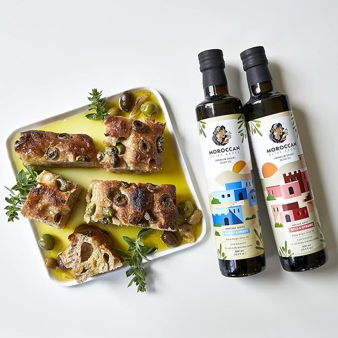 MOROCCAN OLIVE GROVE - Bold & Dynamic - Premium Desert Extra Virgin Cold Extracted Olive Oil, 100% Single Origin from Morocco, Polyphenol Rich - 16.9 Fl oz (500ml) (Red/Blue Combo 500ml)