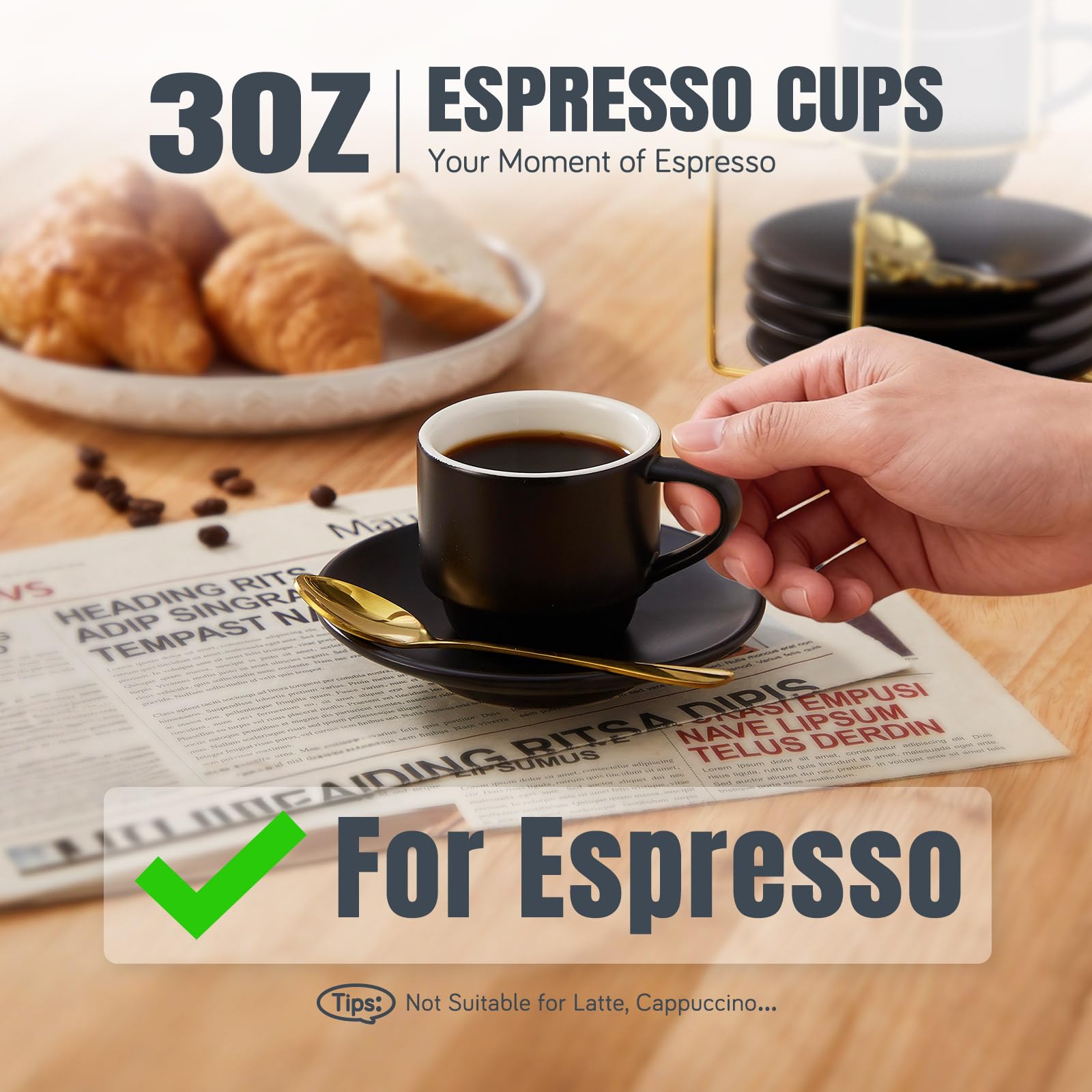 Lareina 3-Ounce Espresso Cups Set of 4, Small Stackable Coffee Cups with Saucers, Spoons and Metal