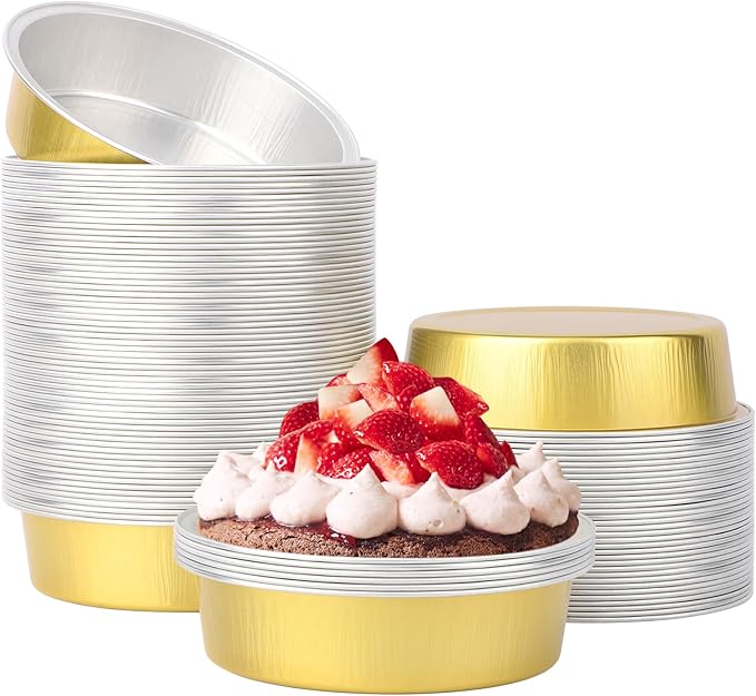 Beasea Aluminum Ramekins 100 Pack, 7.3oz 215ml Disposable Ramekins Foil Cups No Lids 4" Baking Ramekin Cup Cupcake Aluminum Mini Baking Cups for Party - Golden