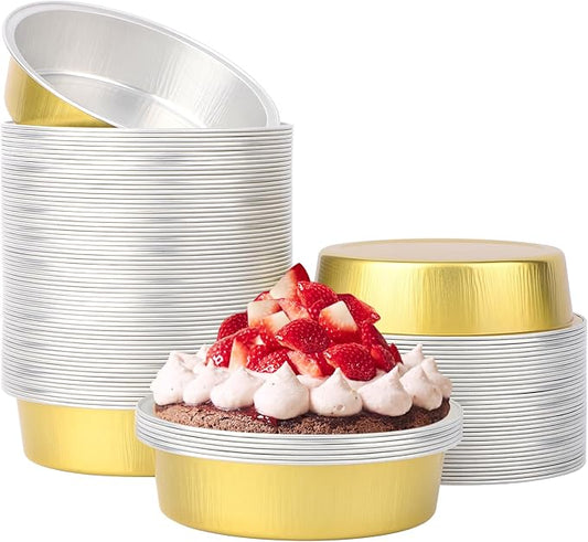 Beasea Aluminum Ramekins 100 Pack, 7.3oz 215ml Disposable Ramekins Foil Cups No Lids 4" Baking Ramekin Cup Cupcake Aluminum Mini Baking Cups for Party - Golden
