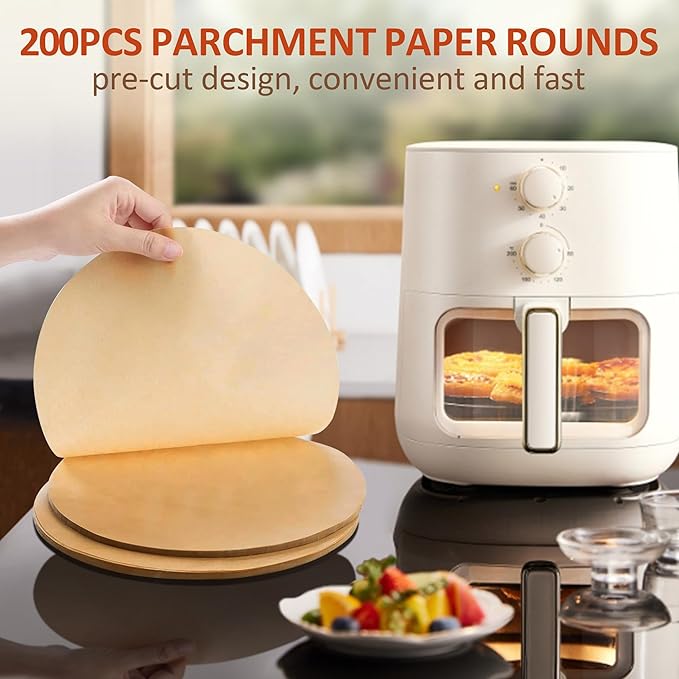 8 Inch Parchment Paper Rounds,200Pcs Non-Stick Unbleached Baking Parchment Rounds for Air Fryer,Round Cake Pan, Springform Pan, Tortilla Press and More
