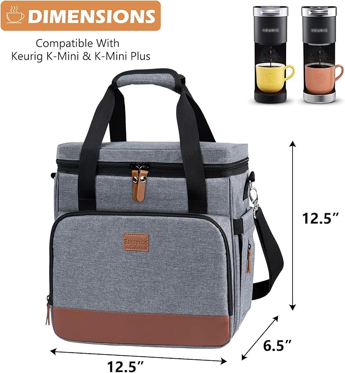 BAGSPRITE Coffee Maker Travel Bag Compatible with Keurig K-Mini or K-Mini Plus, Single Serve Coffee Brewer Carrying Case with Multiple Pockets for K-Cup Pods, Storage Bag With Shoulder Strap Grey