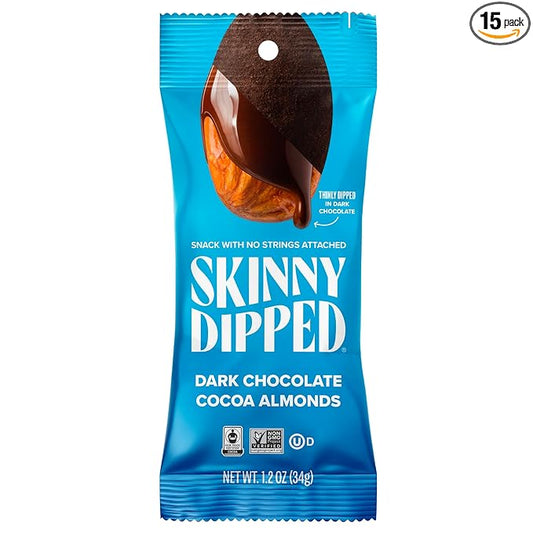 SkinnyDipped Dark Chocolate Cocoa Almonds, Chocolate Covered Almonds, Low Sugar, Gluten Free, Healthy Snack, 1.2 Ounce Bags (Pack of 15)