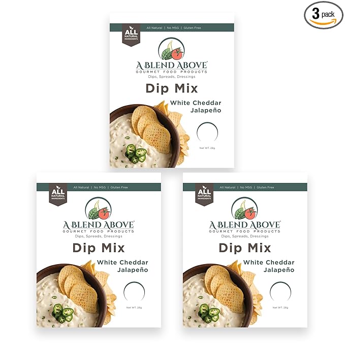 A Blend Above White Cheddar Jalapeno Dip Mix, 3 Packs, 1 oz Each, Makes 16 Ounces, Gluten-Free, No MSG, All Natural, No Preservatives, Vegan Friendly, Keto Friendly, Low Carb, Easy to Make