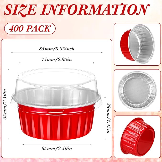 Gejoy 400 Pcs Aluminum Foil Baking Cups with Lids 5 oz Disposable Ramekins Mini Cake Pans Creme Brulee Cupcake Liners Muffin Tins Flan Mold Dessert Container for Wedding(Red,Classic)