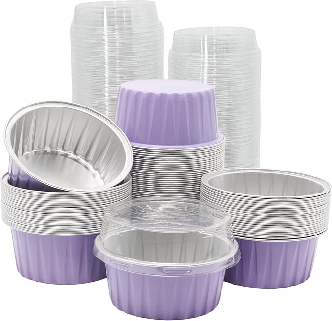 100 Pack 4.2oz Aluminum Cups with Lids Mini Flan Containers with Lids Cupcake Baking Cups, Purple