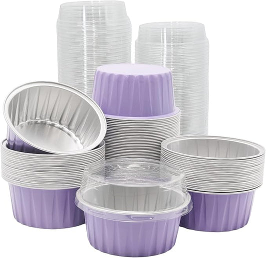 100 Pack 4.2oz Aluminum Cups with Lids Mini Flan Containers with Lids Cupcake Baking Cups, Purple