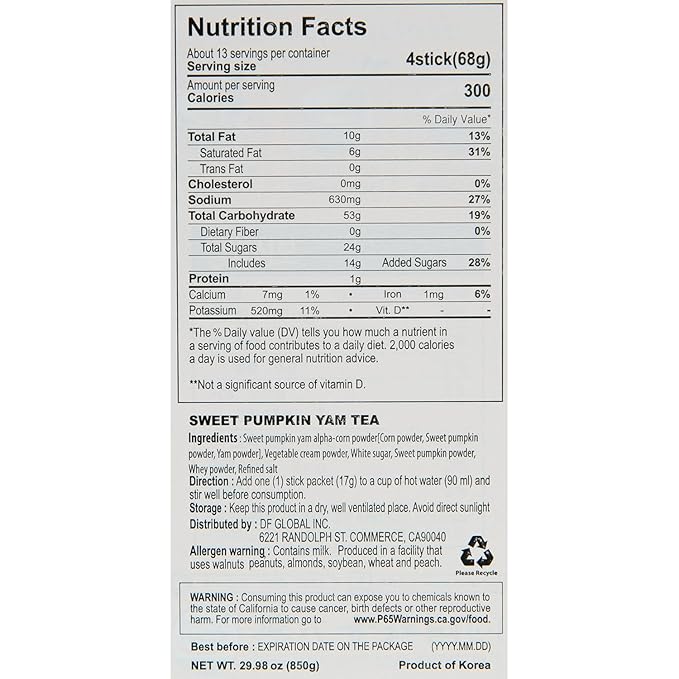 Damtuh Sweet Pumpkin with Yam Tea Powder – Korean Meal Replacement, Instant Breakfast Shake with Misugaru, 17g x 50 Sticks