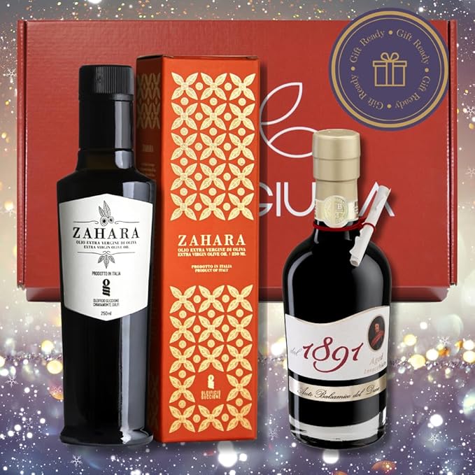 Brava Giulia Gift Box – Aged Balsamic Vinegar of Modena and Sicilian Extra Virgin Olive Oil – Imported Gourmet Italian Duo, 8.45 fl oz Each
