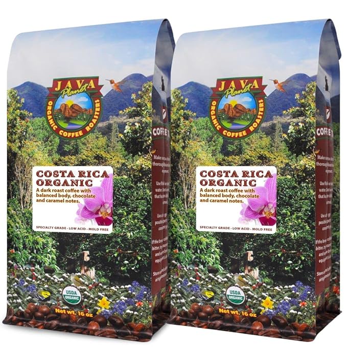 Low Acid Organic Coffee ??Whole Bean, Mold-Free & Stomach Friendly by Java Planet, Costa Rican Single Origin Coffee, Dark Roast, Smooth Full Flavored, 2x1LB Bag
