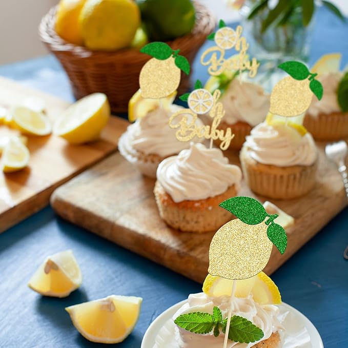 24Pcs Lemon Oh Baby Cupcake Toppers Glitter Fruit Theme Oh Baby Lemonade Party Cupcake Picks for Lemon Theme Baby Shower Kids Boys Girls Birthday Party Cake Decorations Supplies