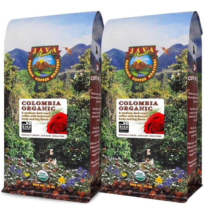 Low Acid Organic Coffee ??Whole Bean, Mold-Free & Stomach Friendly by Java Planet, Colombian Single Origin, Medium Dark Roast, Smooth Full Flavored, 2x1LB Bag