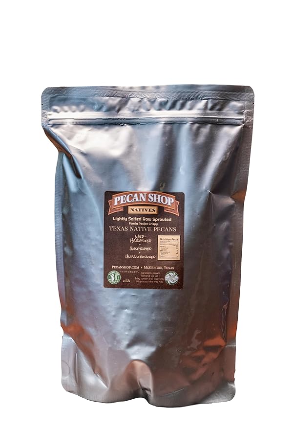 Pecan Shop Unsprayed Sprouted 2 lb Raw Wild-Harvested Family Recipe Crispy Sea Salt Texas Native Pecans-Fresh Direct Ship