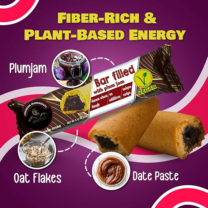 Ambrozia Vegan Snack Bars – Healthy Snack Plum-Filled Bar | Clean-Label, No Added Sugar, Handcrafted in EU | Healthy Romanian-Inspired Fruit Bar for Kids & Adults | 10 x 60g Individually Wrapped