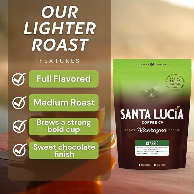 Santa Lucia Coffee - Grand Reserve Classic Medium Roast Nicaraguan Coffee - Medium Roast - 91 Point Specialty Grade - Low Acididity - Bright & Smooth - Strong & Bold Flavor - Whole Bean - 16oz. (Pack of 1)