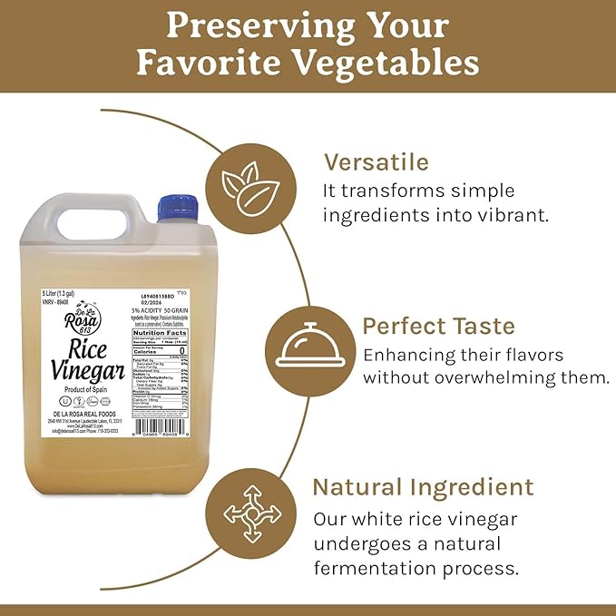 De La Rosa Rice Vinegar 5% Acidity, Kosher, Rice Vinegar for Cooking, Sushi, Salad Dressings and More | Sugar-Free Rice Vinegar - 5 Liter (Pack of 1)