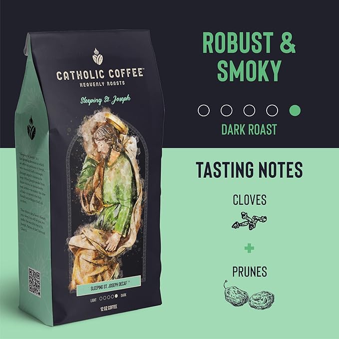 Catholic Coffee Sleeping St. Joseph | Decaf Dark Roast Ground Coffee ??Clove & Prune Notes | 12oz Bag ??Peaceful Catholic Gift for Evening Reflection