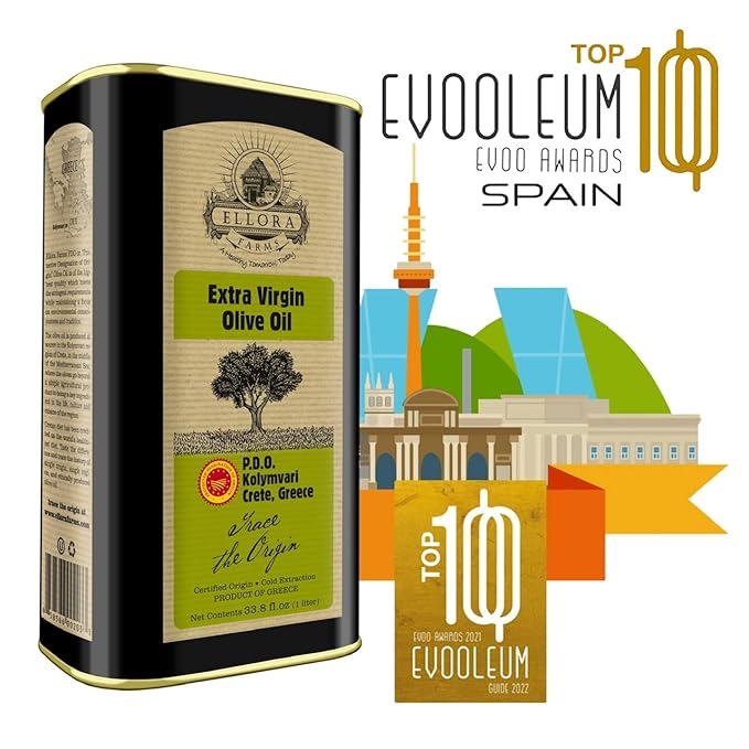 Ellora Farms Olive Oil Extra Virgin, Traceable & Certified PDO Polyphenol Rich Extra Virgin Olive Oil Cold Pressed, Global Gold Awards, Kosher, Single Origin from Crete, Greece 33.8 Fl oz, Pack of 2