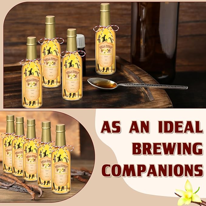 Tioncy 16 Pcs Vanilla Extract Bottles for Homemade Vanilla Jar Glass Bottle with Cap, Shrink Band, Sticker Syrup Gift Food Storage Canister for Bean Sauce Spice(Gold,8.5 oz)
