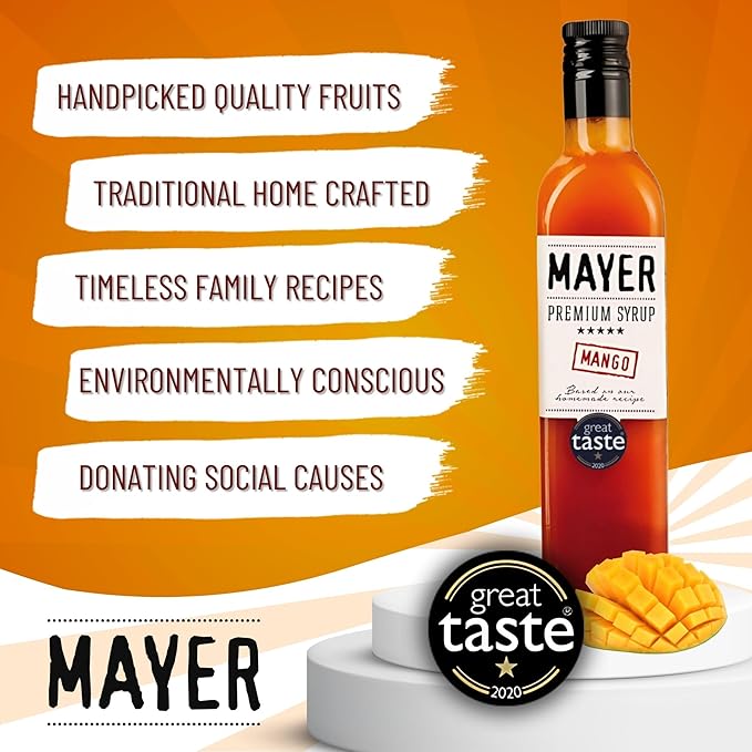 Mayer Premium Artisanal Mango Cocktail Syrup - Handcrafted in Hungary, All Natural, Over 50% Real Fruits and 3 Natural Ingredients, Flavoring for Cocktail, Mocktail, Smoothie, Lemonade, Dessert - Zero Preservatives ( 16 Oz. Fl. 1 Pack )