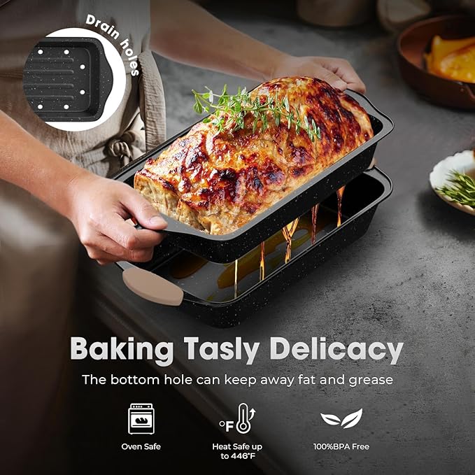 11-Piece Baking Pans Set, Nonstick Bakeware Sets, Oven Pans for Baking with Silicone Handles, Includes Cookie Sheet, Cake Pans, Loaf Pan, Pizza Pan, Muffin Pan, Khaki&Black